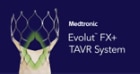The words Evolut™ FX+ TAVR system on a navy blue background next to the valve