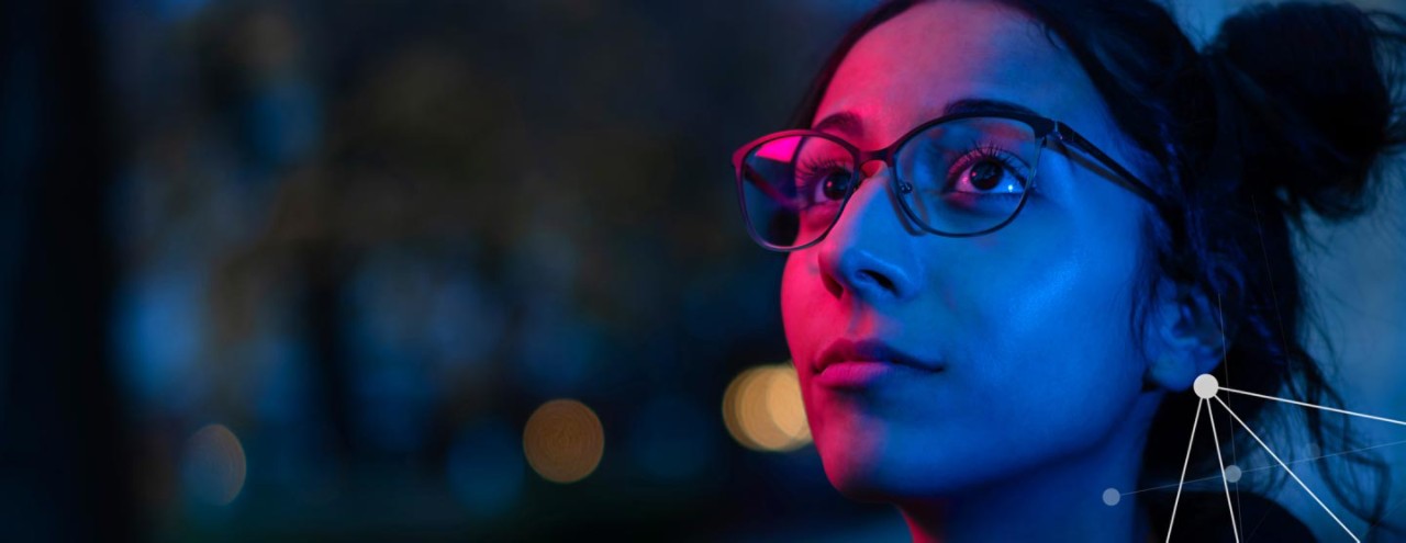 Woman with glasses in city，stylized blue&red lighting with node lines，Thumbnail image crop